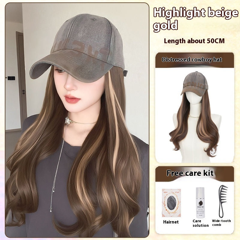 All-in-one American Retro Denim Peaked Cap Dyed Micro-roll Wig