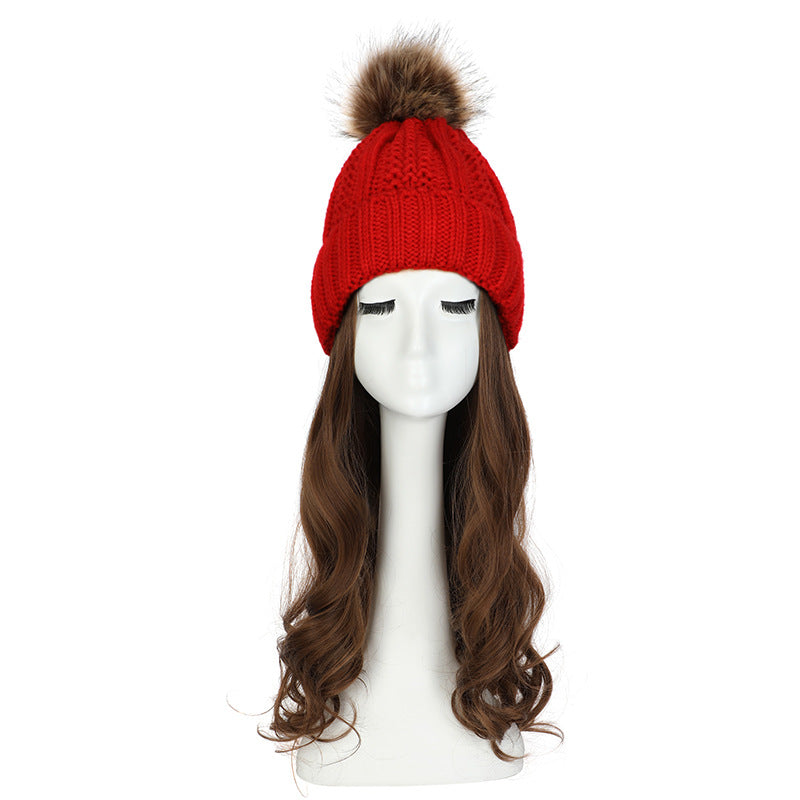 Women's Hat Wig Detachable Woolen Cap