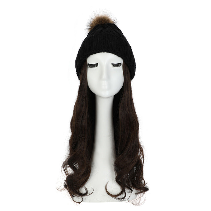 Women's Hat Wig Detachable Woolen Cap