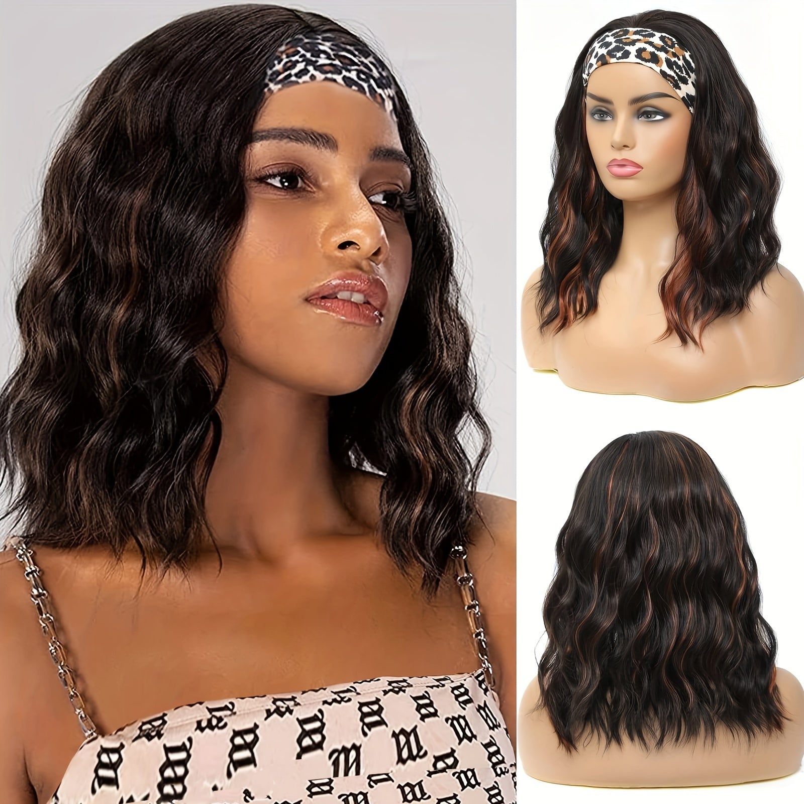 Fashion Water Wave Hairband Non-toxic Wig, Heat-resistant Synthetic Hair Band Elastic Cap, No Glue, Trendy Wave Style, Suitable For The Whole Scene.
