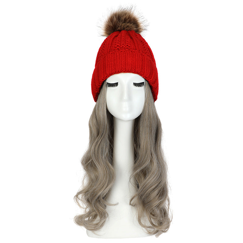 Women's Hat Wig Detachable Woolen Cap