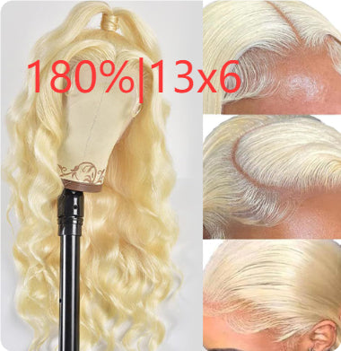 Hand-woven Front Lace Human hair Wigs Golden Big Wave Long Curly Hair