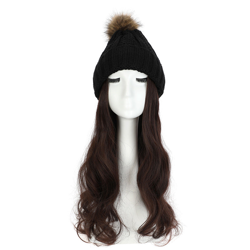 Women's Hat Wig Detachable Woolen Cap
