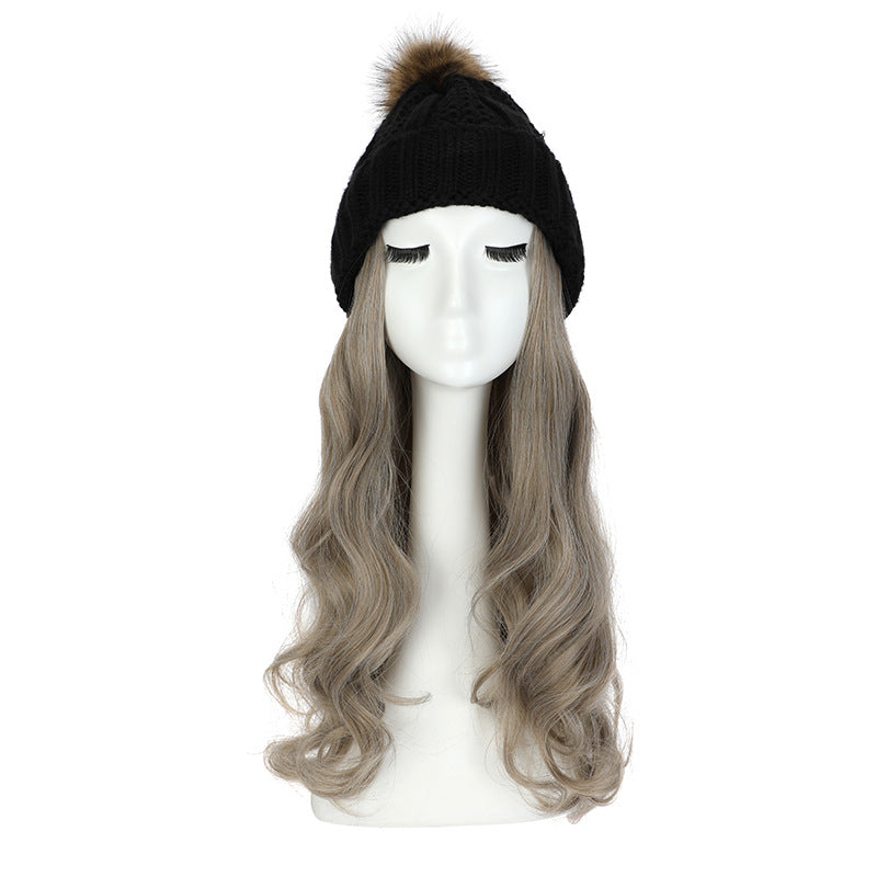 Women's Hat Wig Detachable Woolen Cap