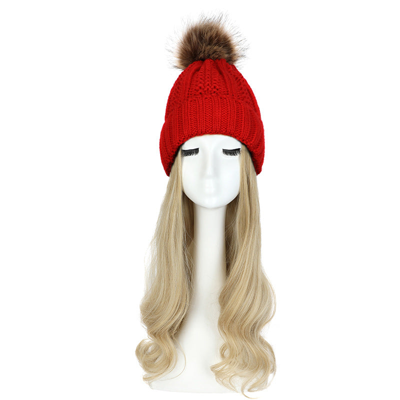 Women's Hat Wig Detachable Woolen Cap