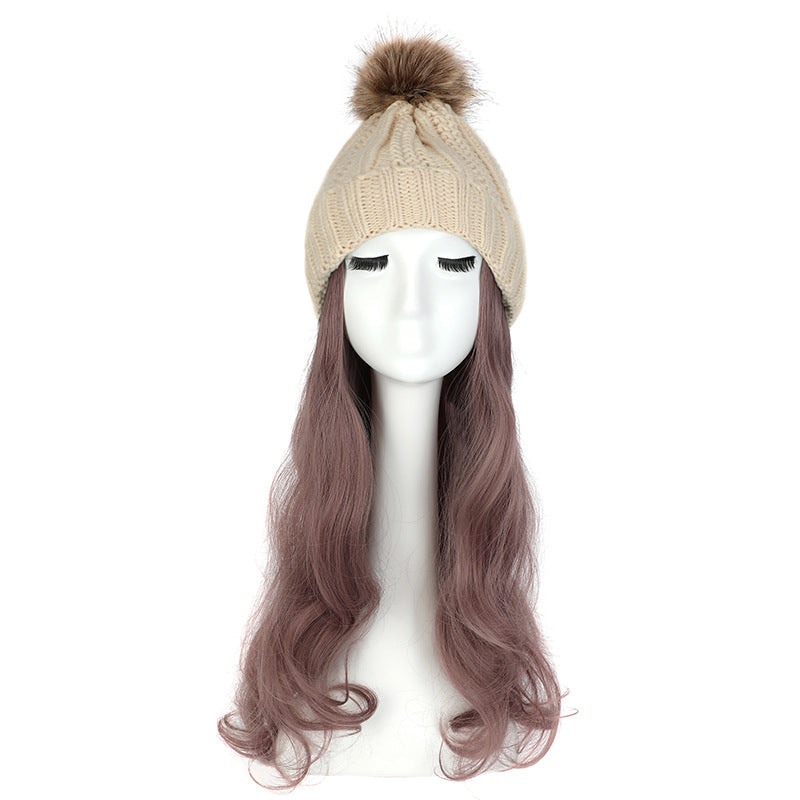 Women's Hat Wig Detachable Woolen Cap