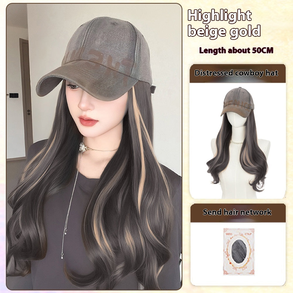 All-in-one American Retro Denim Peaked Cap Dyed Micro-roll Wig